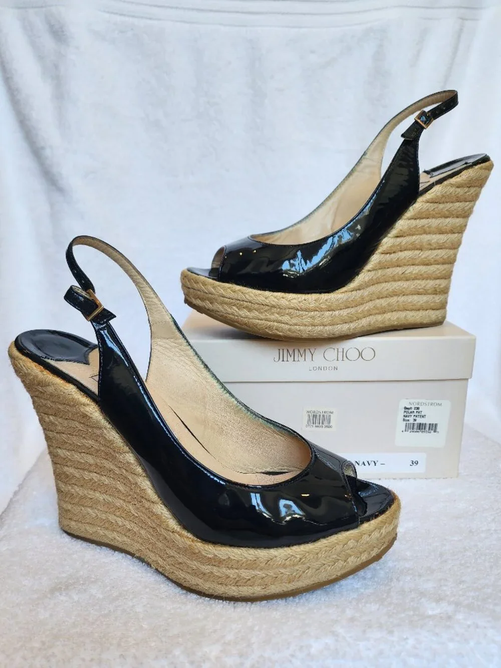 Jimmy Choo Navy Patent Leather Peep Toe Slingback Espadrille Platform Wedges